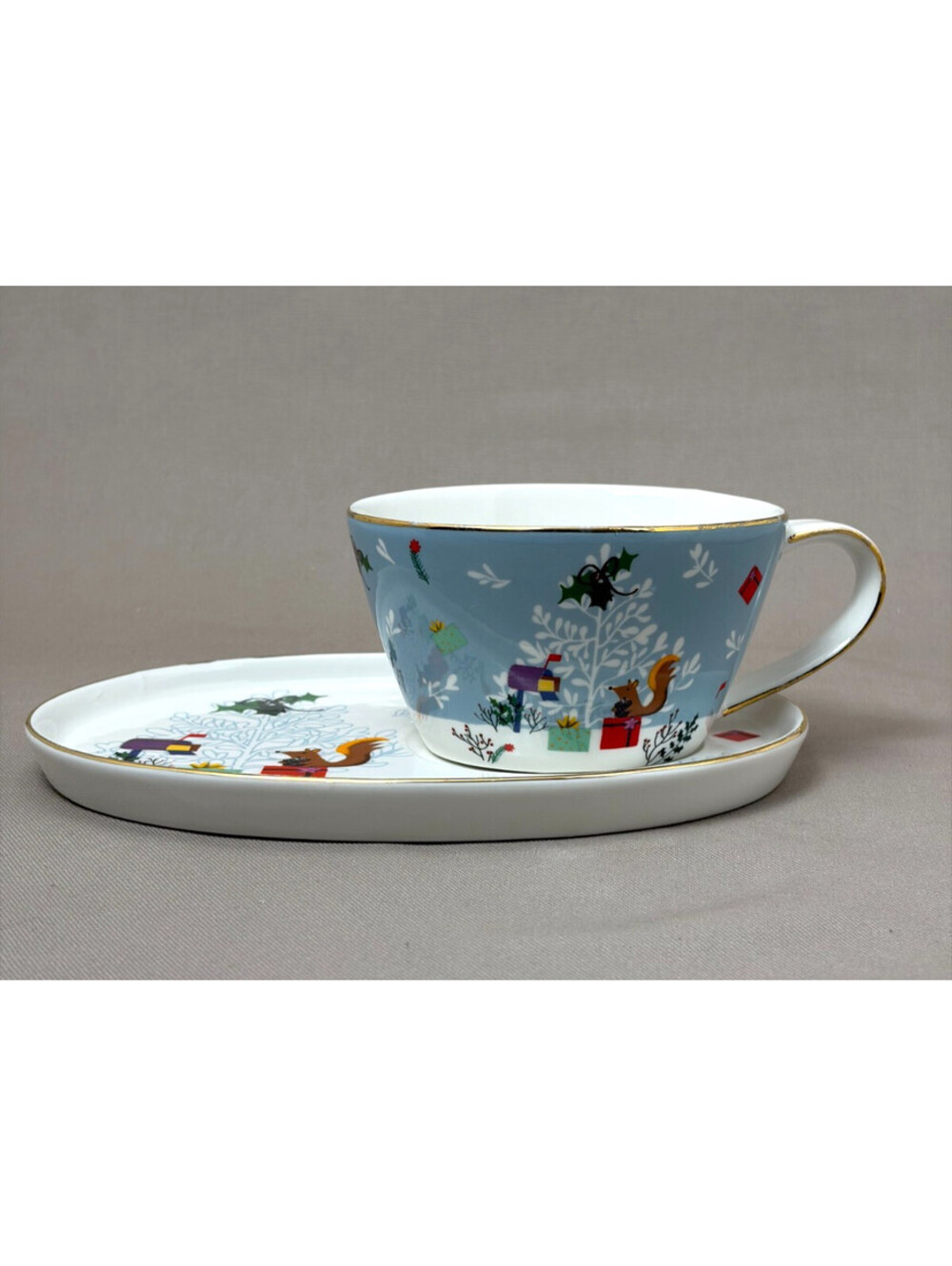 Grace's Fine Porcelain Christmas Winter Squirrel Teacup Snack Saucer Plate Set